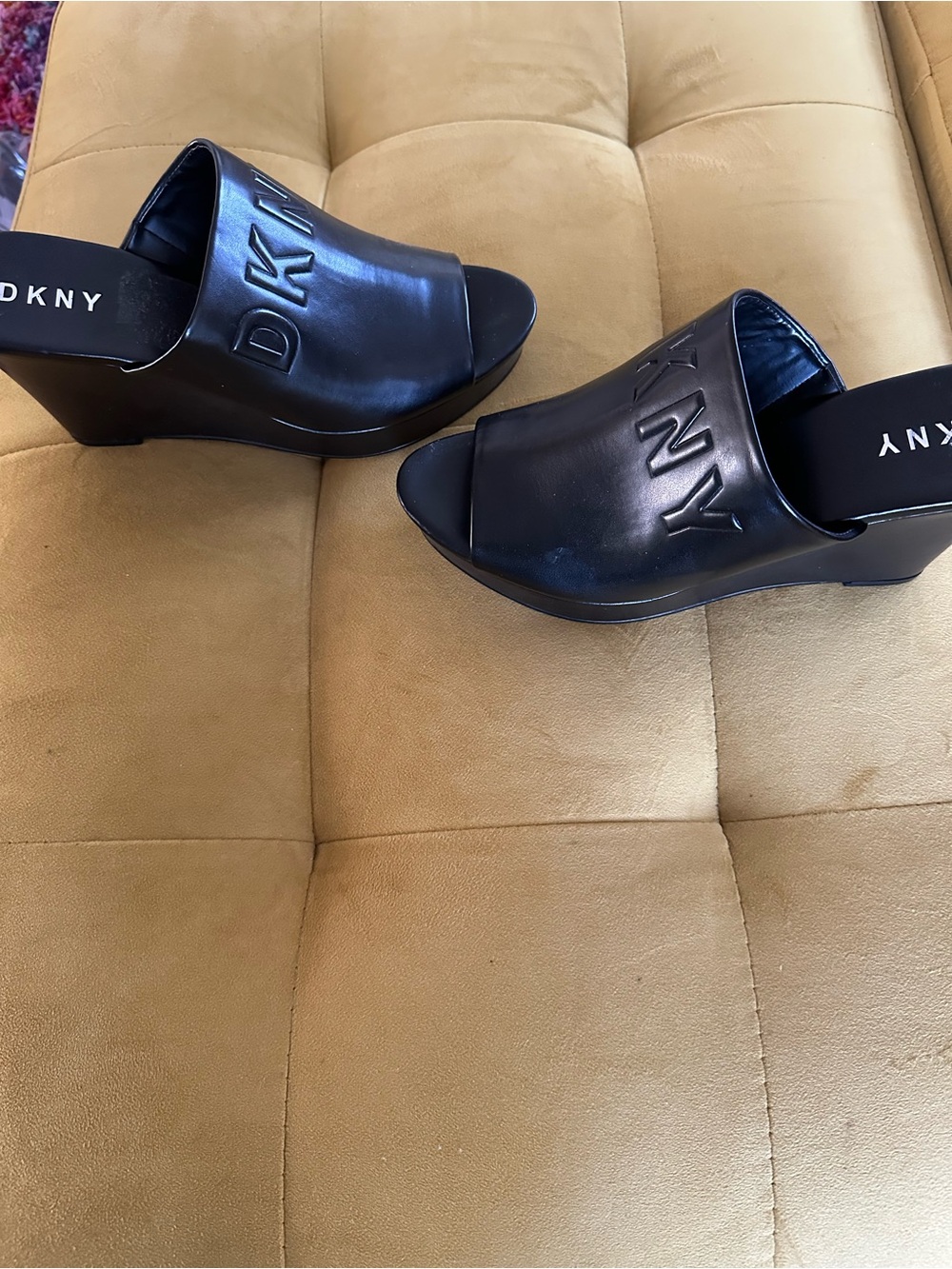 DKNY Black Embossed Logo Leather Wedge Mules